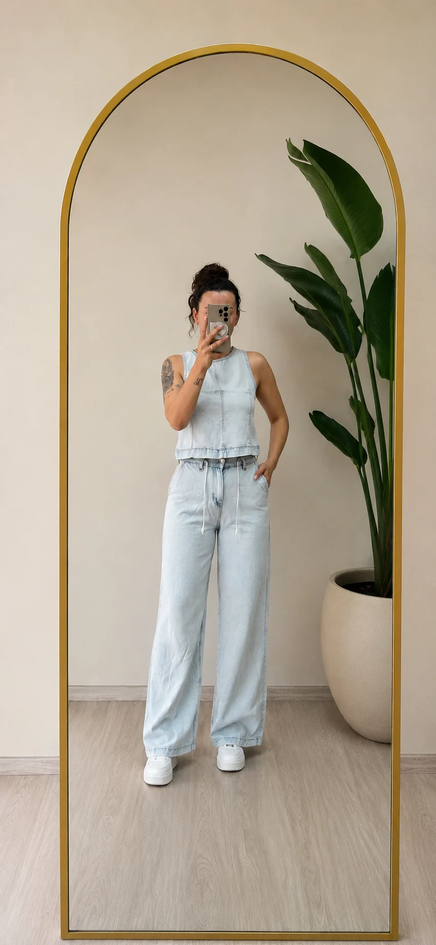 Denim tensel kumaş iki parça takım