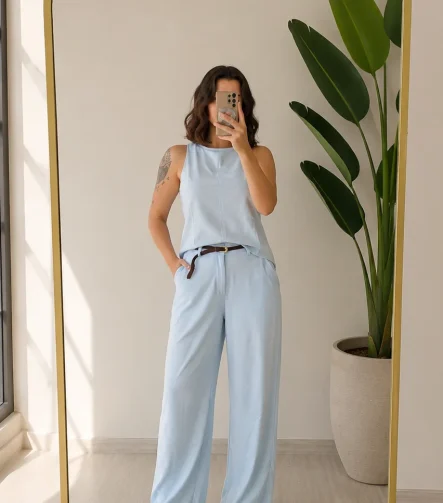 OXFORD BEBE MAVİ YUMUŞAK KUMAŞ KEMERLİ TAKIM – 27Y-000100(BEBE MAVİ) - Ayşe Kafkas Butik