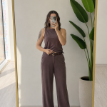 OXFORD KAHVE YUMUŞAK KUMAŞ KEMERLİ TAKIM – 27Y-000100(KAHVE) - Ayşe Kafkas Butik