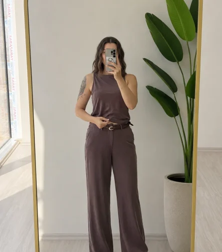 OXFORD KAHVE YUMUŞAK KUMAŞ KEMERLİ TAKIM – 27Y-000100(KAHVE) - Ayşe Kafkas Butik