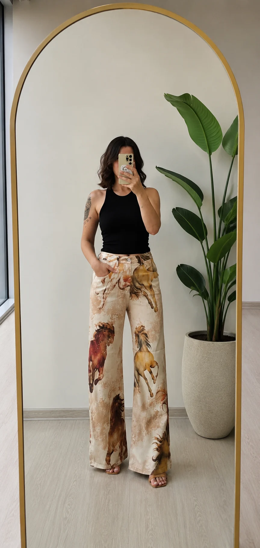 Palazzo baskılı denim tensel pantolon