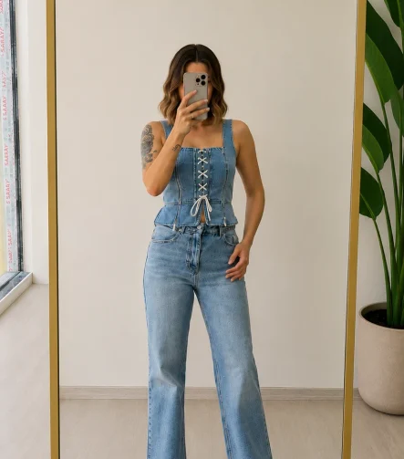 ÖNÜ BAĞCIKLI KOT BÜSTİYER – 6825(mavi) - Ayşe Kafkas Butik