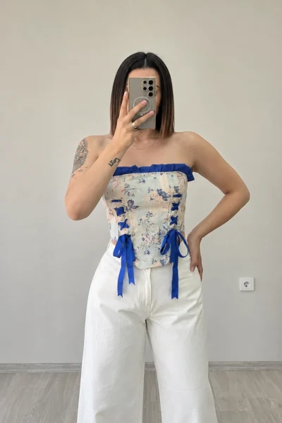 VİNTAGE DESENLİ KORSE (MAVİ-BEYAZ) – 7924 - Ayşe Kafkas Butik
