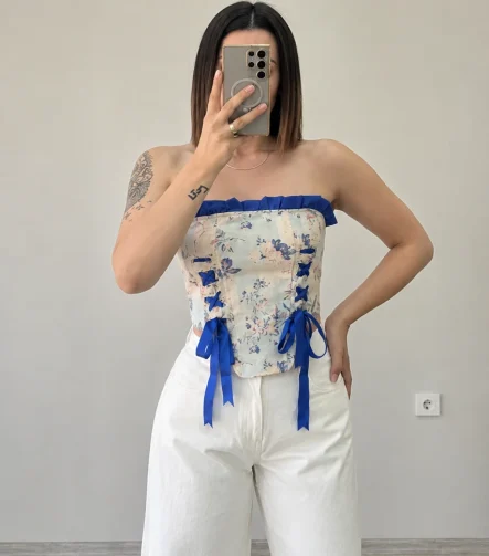 VİNTAGE DESENLİ KORSE (MAVİ-BEYAZ) – 7924 - Ayşe Kafkas Butik