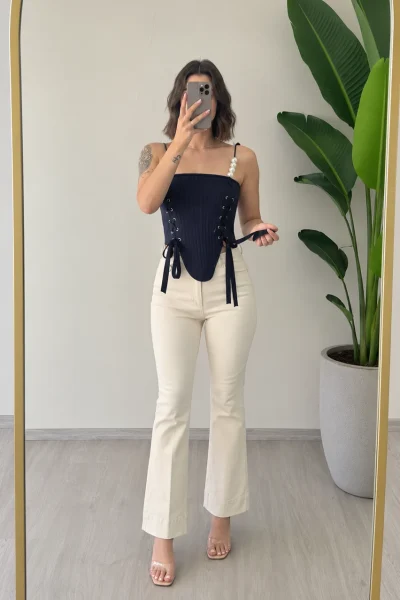 LACİVERT İNCİLİ ARKASI BAĞLAMALI BALENLİ TASARIM KORSE – 7945(LACİVERT) - Ayşe Kafkas Butik