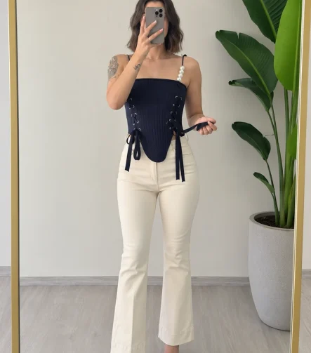 LACİVERT İNCİLİ ARKASI BAĞLAMALI BALENLİ TASARIM KORSE – 7945(LACİVERT) - Ayşe Kafkas Butik
