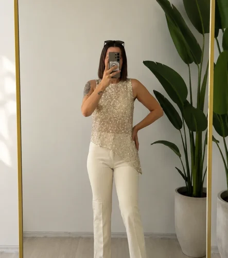 BEJ VEREV TRİKO PULLU KOLSUZ BLUZ – 8053-BEJ - Ayşe Kafkas Butik