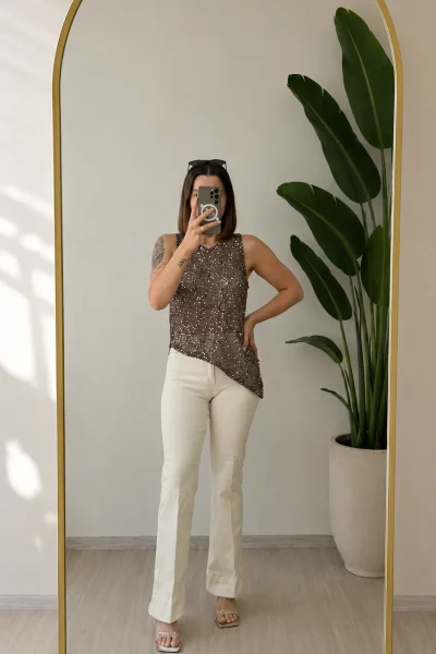 KAHVE VEREV TRİKO PULLU KOLSUZ BLUZ – 8053-KAHVE - Ayşe Kafkas Butik