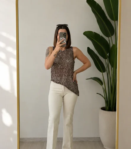 KAHVE VEREV TRİKO PULLU KOLSUZ BLUZ – 8053-KAHVE - Ayşe Kafkas Butik