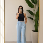 BEBE MAVİ TENSEL KUMAŞ BOL PAÇA PANTOLON – 9931 - Ayşe Kafkas Butik