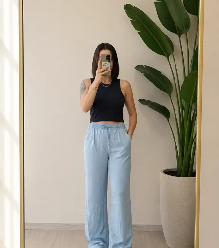 BEBE MAVİ TENSEL KUMAŞ BOL PAÇA PANTOLON – 9931 - Ayşe Kafkas Butik