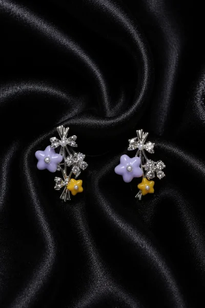 SİLVER MOR VE SARI MİNELİ, TAŞLI ÇİÇEK TASARIM GLORY KÜPE – FK0175-10555 - Ayşe Kafkas Butik