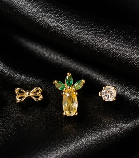 14K GOLD KAPLAMA ANANAS FİYONK VE TEKTAŞ FİGÜRLÜ 3 LÜ ÇOKLU KÜPELER – FK14K0100-10510 - Ayşe Kafkas But…