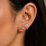 14K GOLD KAPLAMA KRİSTAL TAŞLI ÇİÇEK İNCİLİ YILDIZ VE TOPÇUK 6 LI ÇOKLU KÜPELER – FK14K0100-10520 - Ayş…
