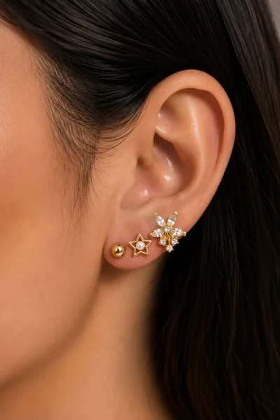 14K GOLD KAPLAMA KRİSTAL TAŞLI ÇİÇEK İNCİLİ YILDIZ VE TOPÇUK 6 LI ÇOKLU KÜPELER – FK14K0100-10520 - Ayş…