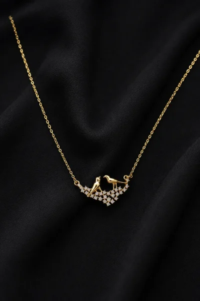 14K GOLD KAPLAMA KRİSTAL TAŞLI DALDA DURAN KUŞLAR TASARIM LUXURY KOLYE – FK14K0150-4955 - Ayşe Kafkas B…