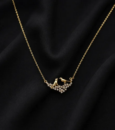 14K GOLD KAPLAMA KRİSTAL TAŞLI DALDA DURAN KUŞLAR TASARIM LUXURY KOLYE – FK14K0150-4955 - Ayşe Kafkas B…
