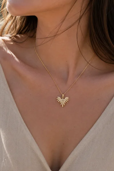GOLD ZİRKON VE KRİSTAL TAŞLI MELEK KANADI TASARIM ÇELİK KOLYE – FKÇLK0065-4842 - Ayşe Kafkas Butik