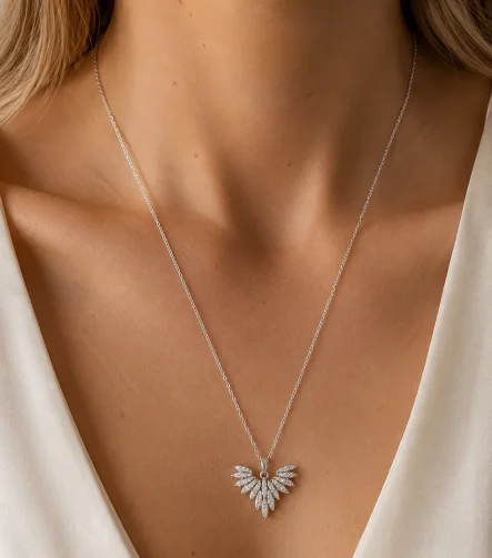 SİLVER ZİRKON VE KRİSTAL TAŞLI MELEK KANADI TASARIM ÇELİK KOLYE – FKÇLK0065-4843 - Ayşe Kafkas Butik