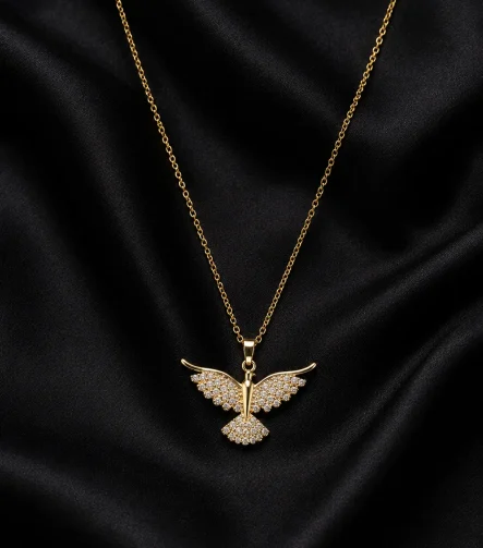 GOLD KANATLARI TAŞLI MELEK TASARIM ÇELİK KOLYE – FKÇLK0065-4855 - Ayşe Kafkas Butik