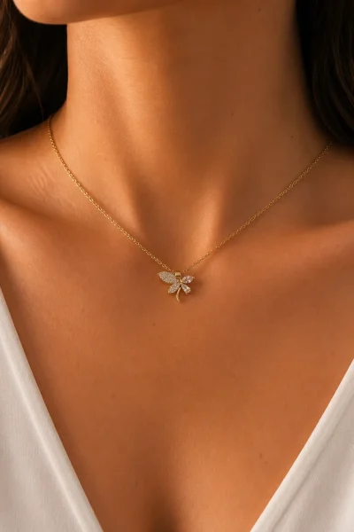 GOLD KANATLARI ZİRKON VE KRİSTAL TAŞLI TASARIM ÇELİK KOLYE – FKÇLK0065-4857 - Ayşe Kafkas Butik