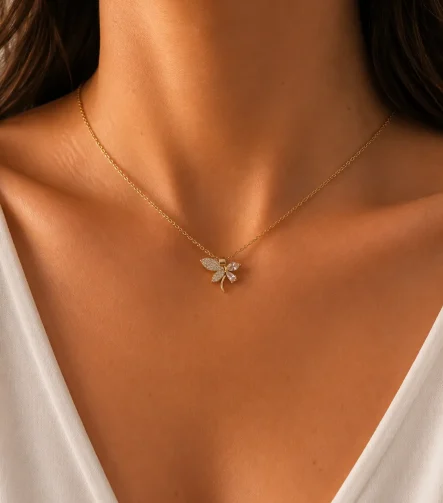 GOLD KANATLARI ZİRKON VE KRİSTAL TAŞLI TASARIM ÇELİK KOLYE – FKÇLK0065-4857 - Ayşe Kafkas Butik
