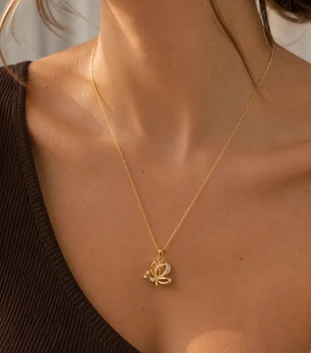GOLD ZİRKON VE SADEF TAŞLI BOYUTLU KELEBEK TASARIM ÇELİK KOLYE – FKÇLK0065-4865 - Ayşe Kafkas Butik