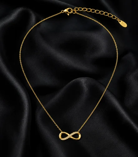 GOLD ZİRKON TAŞLI YATAY SONSUZLUK TASARIM ÇELİK KOLYE – FKÇLK0065-4916 - Ayşe Kafkas Butik