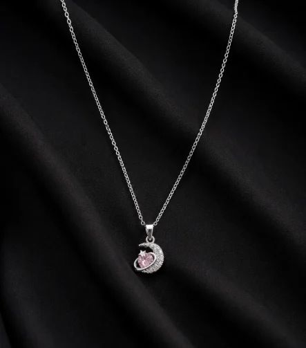 SİLVER ZİRKON DETAY PEMBE TAŞLI AY YILDIZ TASARIM ÇELİK KOLYE – FKÇLK0065-4950 - Ayşe Kafkas Butik