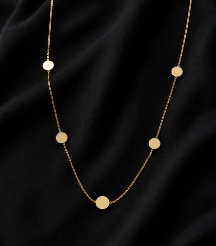 GOLD MİNİMAL SARMAL ZİNCİR YUVARLAK PLAKA SIRALI ÇELİK KOLYE – FKÇLK0080-4658 - Ayşe Kafkas Butik