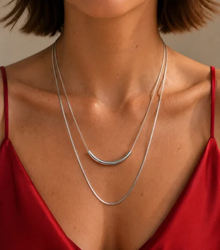SİLVER ÇİFT ZİNCİR İTALYAN VE BORU TASARIM ÇELİK KOLYE – FKÇLK0085-4673 - Ayşe Kafkas Butik