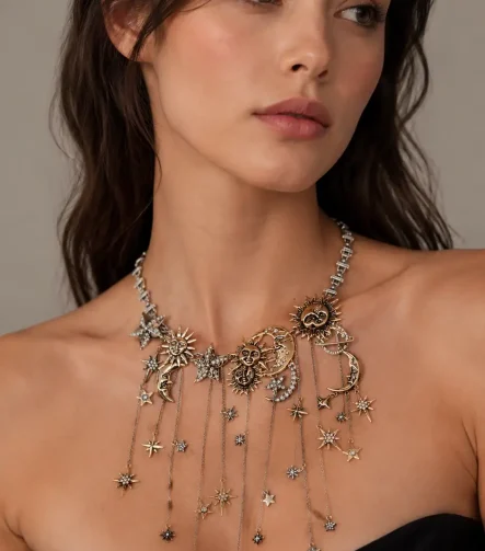 Retro Gold Güneş Ay Ve Yıldız Charm Sallantılı Bijuteri Kolye – FKMNGO00500-Silver - Ayşe Kafkas Butik