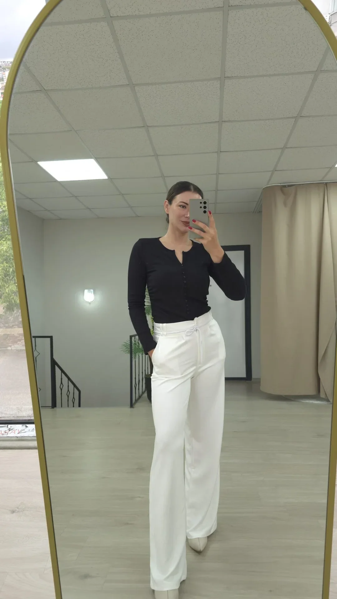 Beyaz modal kumaş esnek palazzo pantolon